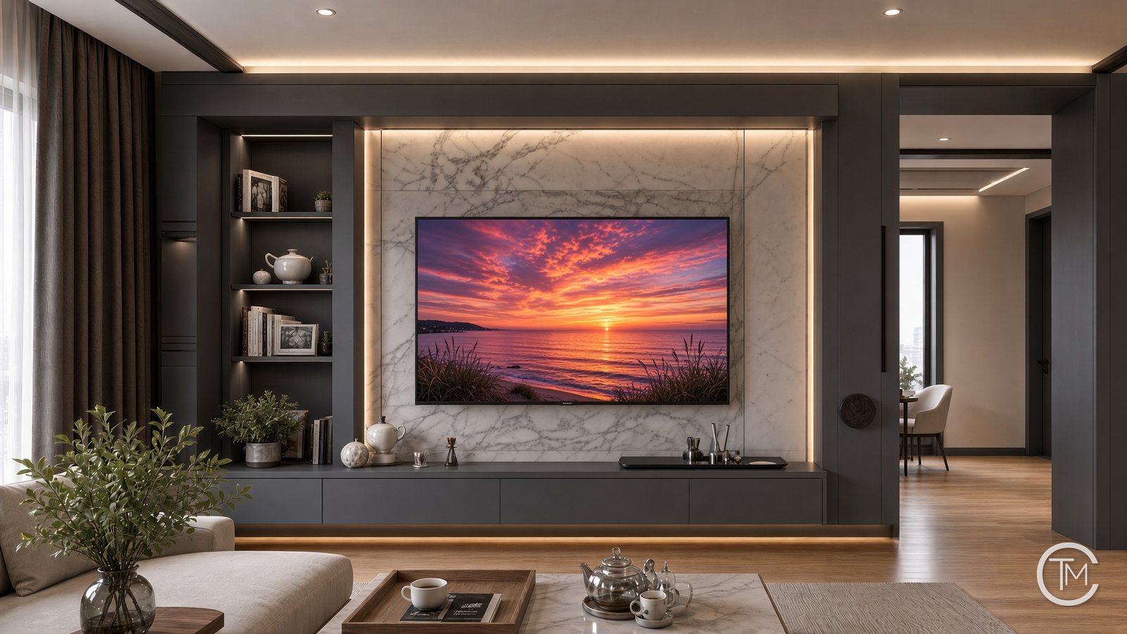 Media wall concept with a charcoal frame, marble-look center panel and backlit open shelves on both sides