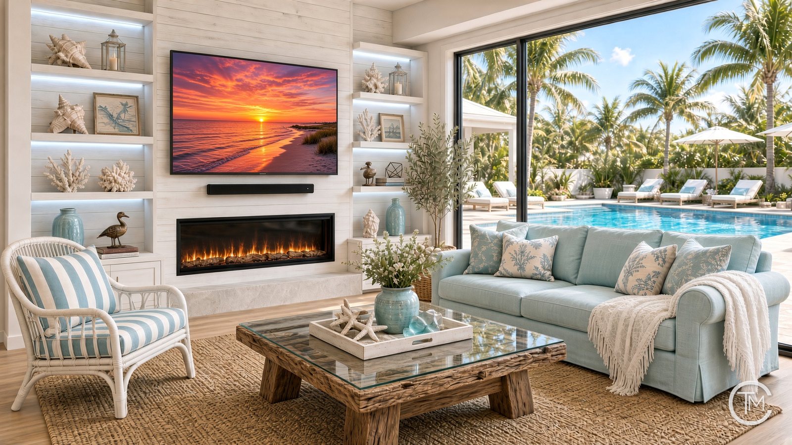 Coastal media wall concept with white horizontal planked paneling, a fireplace below the TV and a soundbar on the center line