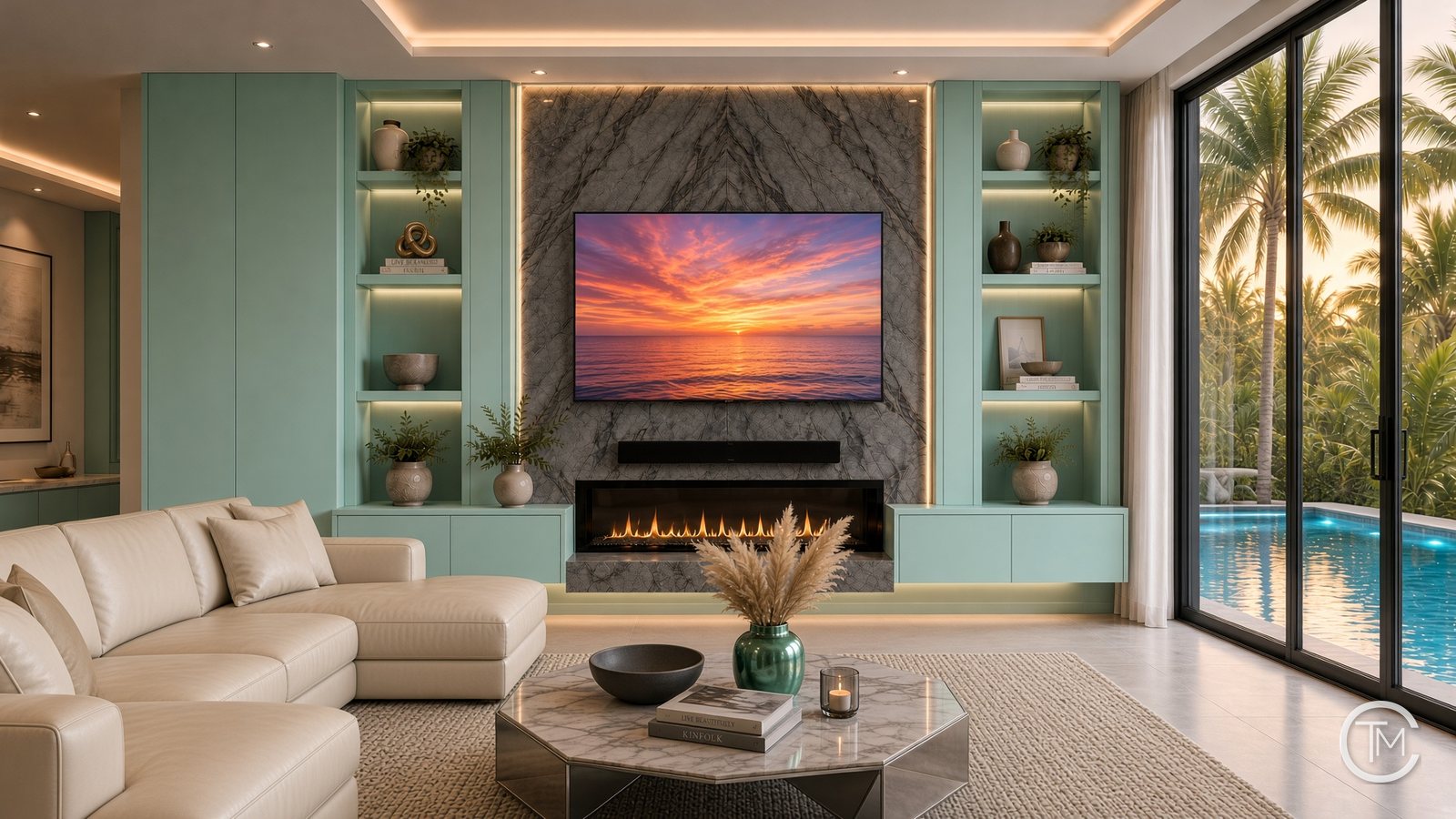 Media wall concept with a gray marble-look slab surround, linear fireplace and mint green built-in cabinets beside a pool view